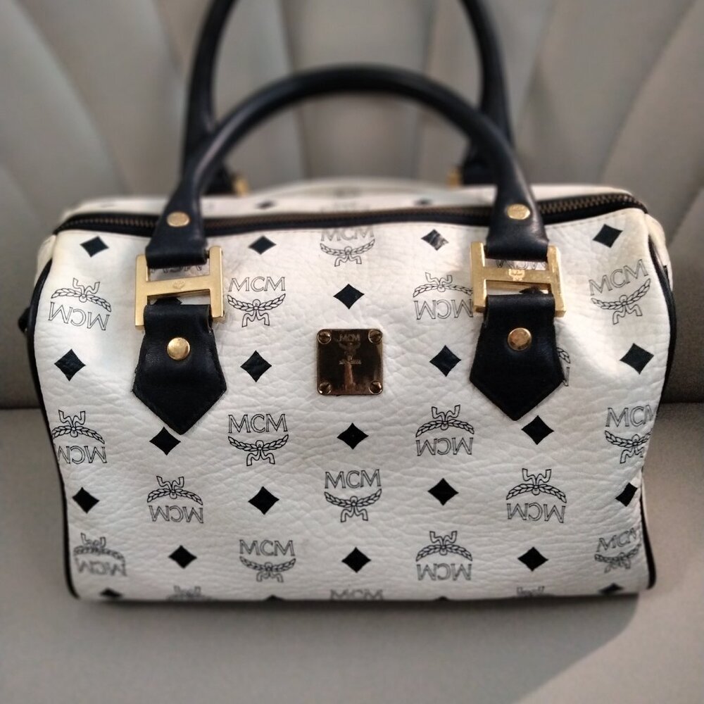 MCM White and Navy Boston Bag